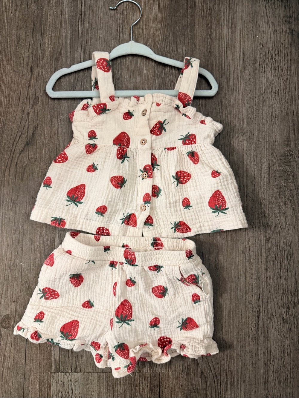 Girls Cream Strawberry Print Tank & Shorts Matching Set
